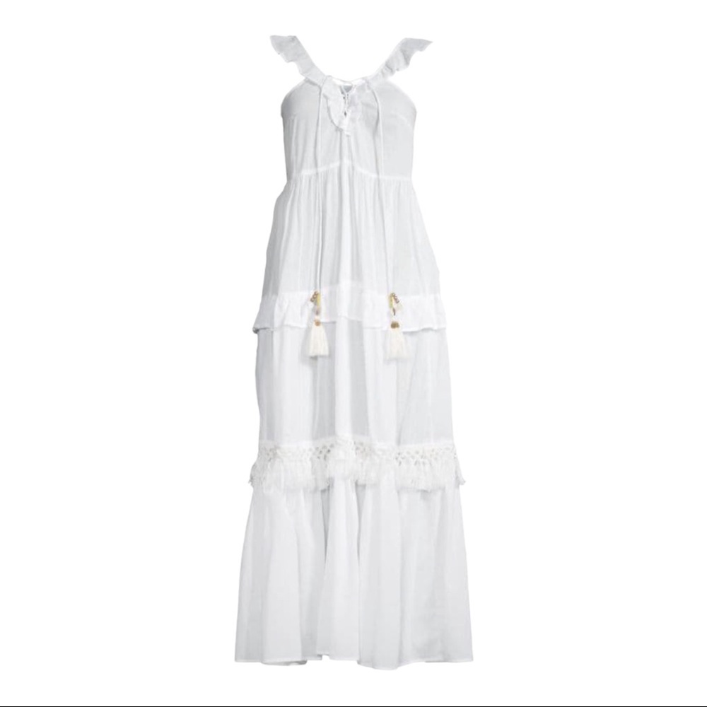 True destinations White prairie flutter strap sleeveless tiered boho‎ maxi dress